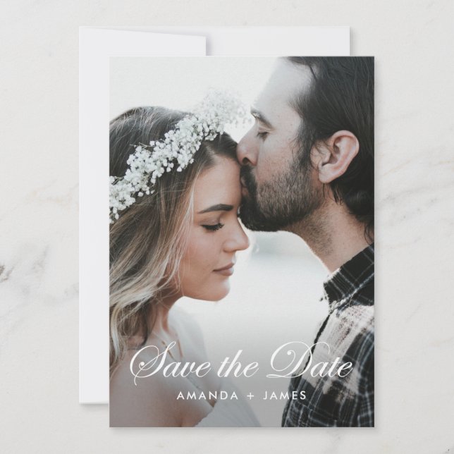 Simple Elegant Calligraphy Photo Wedding Save The Date (Front)