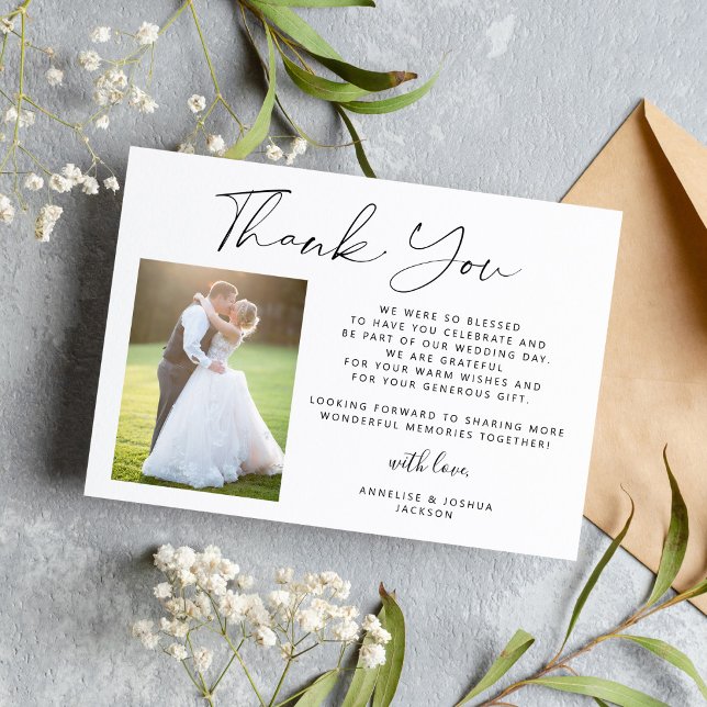 Simple elegant calligraphy photo wedding thank you card (Creator Uploaded)