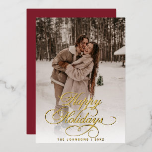 Simple Elegant Calligraphy Red Christmas Photo Foil Holiday Card