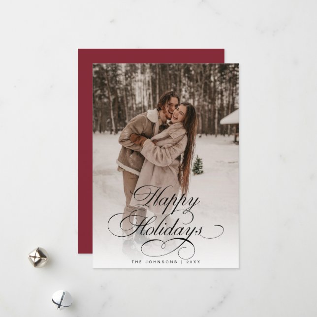 Simple Elegant Calligraphy Red Christmas Photo Holiday Card (Front/Back In Situ)