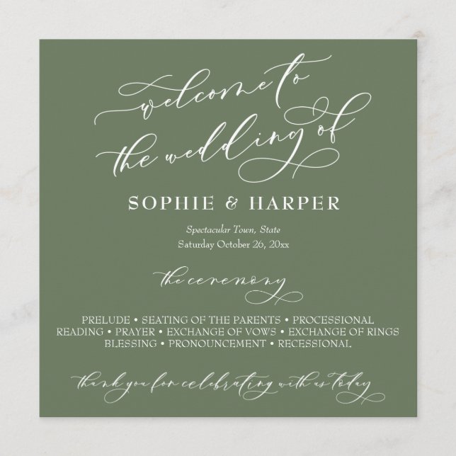Simple Elegant Calligraphy Typography Olive Green Program (Front)
