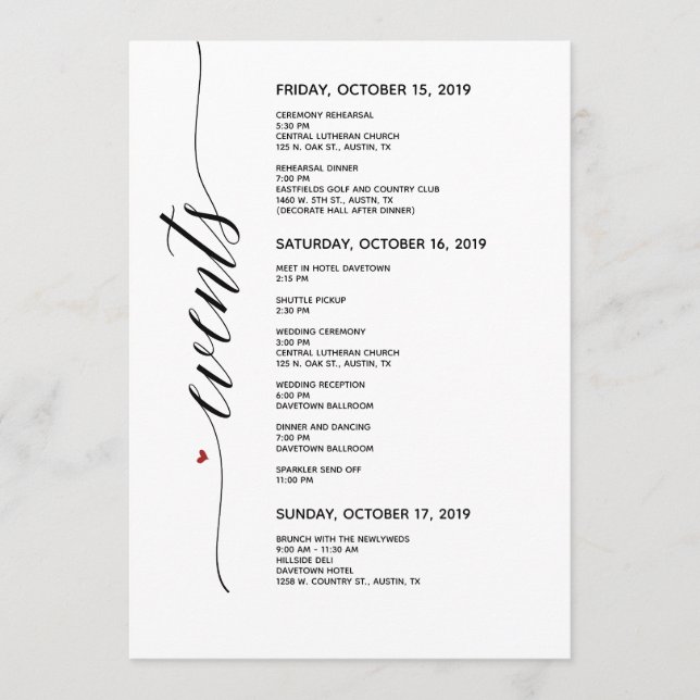 Simple Elegant Calligraphy Wedding Itinerary Card (Front)