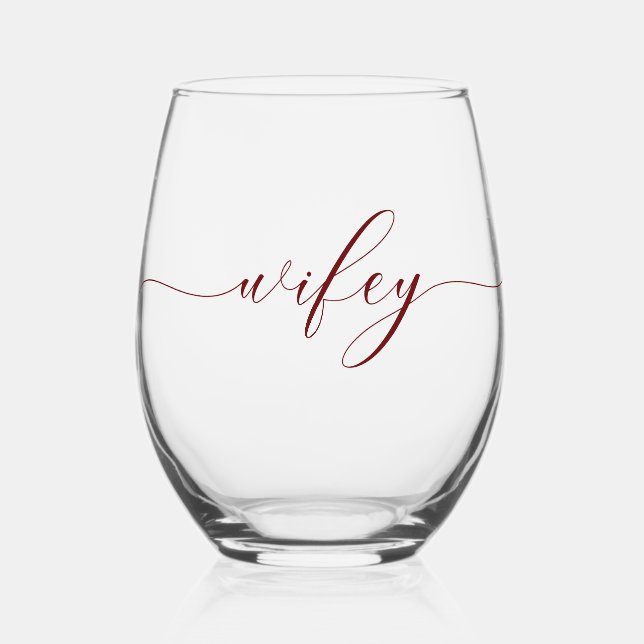 Simple Elegant Calligraphy Wifey  Stemless Wine Glass (Front)