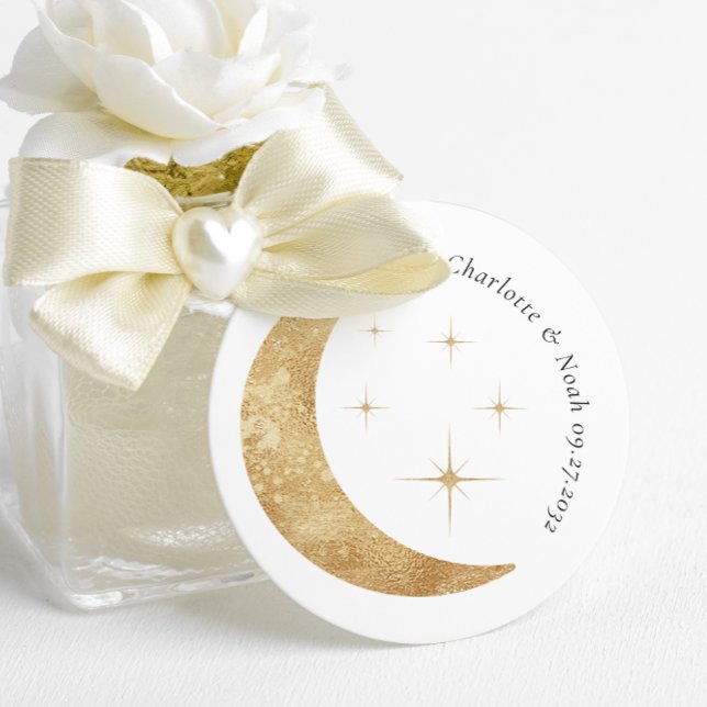 Simple Elegant Celestial Gold Moon Stars Wedding Classic Round Sticker (Creator Uploaded)