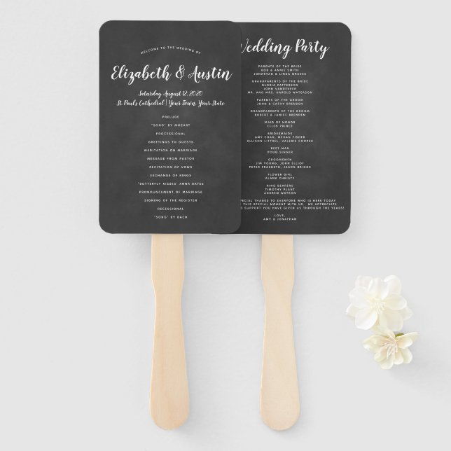 Simple Elegant Chalkboard Wedding Program Fan (Front and Back)