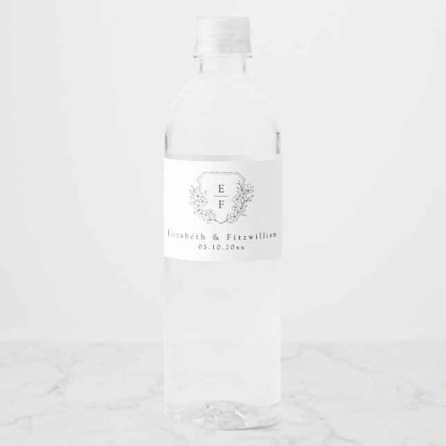 Simple Elegant Cherry Blossom Monogram Crest  Water Bottle Label (Front)