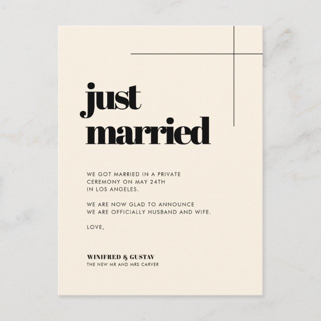 Simple elegant & chic Cream Just married Postcard (Front)