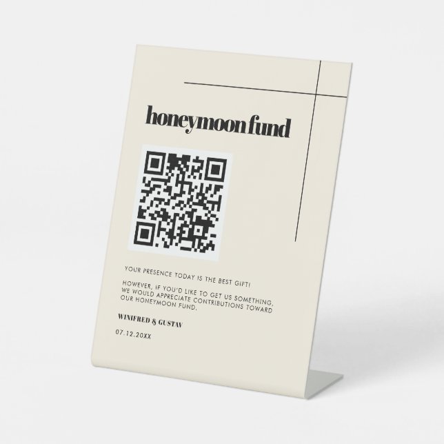 Simple elegant & chic Honeymoon fund QR code Pedestal Sign (Front)