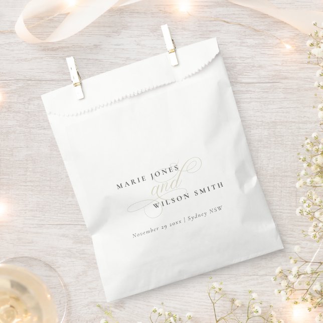 Simple Elegant Chic Script Black & White Wedding Favour Bag (Clipped)