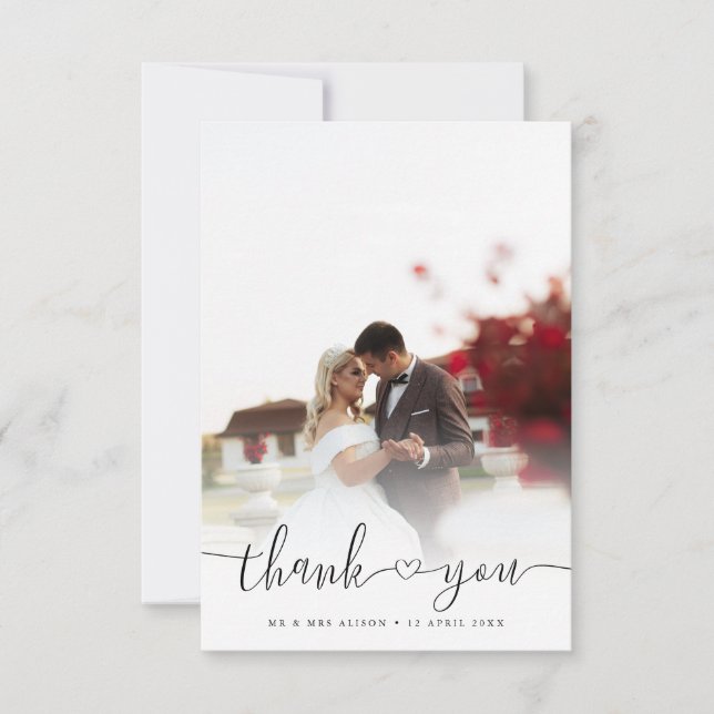 Simple Elegant Chic Script Newlyweds Wedding Photo Thank You Card (Front)