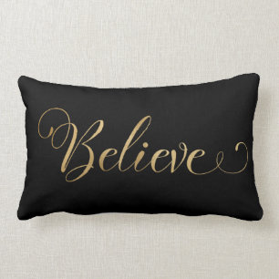 Simple Elegant Christmas Believe Gold Black Lumbar Cushion