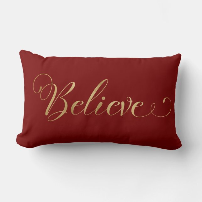 Simple Elegant Christmas Believe Gold Burgundy Lumbar Cushion (Front)