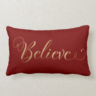 Simple Elegant Christmas Believe Gold Burgundy Lumbar Cushion