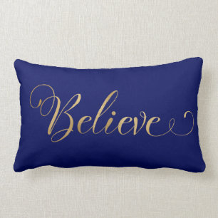 Simple Elegant Christmas Believe Gold Navy Blue Lumbar Cushion