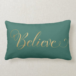 Simple Elegant Christmas Believe Gold Teal Lumbar Cushion
