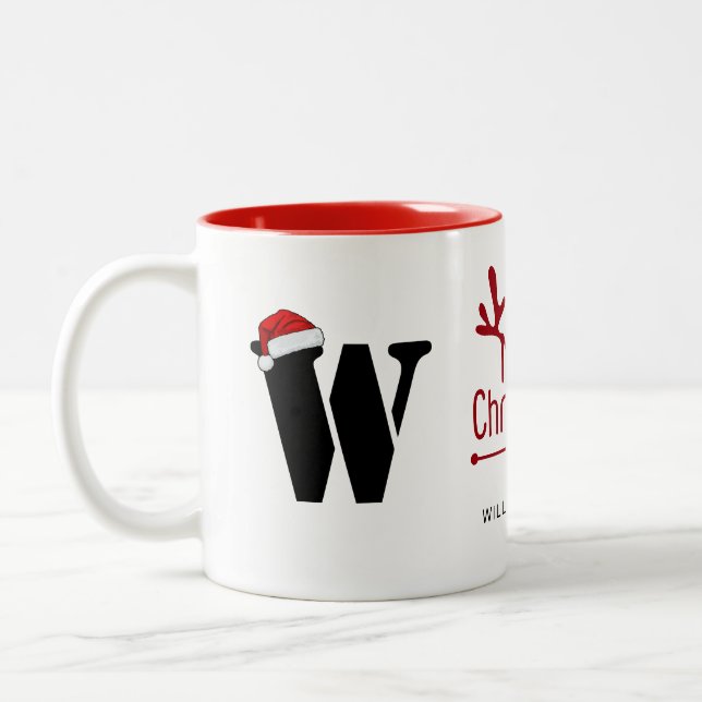 Simple Elegant Christmas Family Monogrammed Name Two-Tone Coffee Mug (Left)