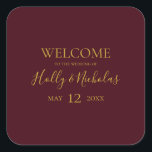 Simple Elegant Christmas | Red Wedding Welcome Square Sticker<br><div class="desc">This simple elegant Christmas | red wedding welcome square sticker is perfect for your minimalist modern winter wedding. The classic gold luxury calligraphy, along with the traditional red background, is sure to complete the colourful holiday vibe you're looking for. You can personalise with your own photos or graphics or keep...</div>