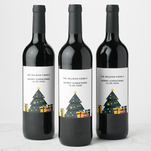 Simple Elegant Christmas Tree Gift Box Wine Label (Bottles)