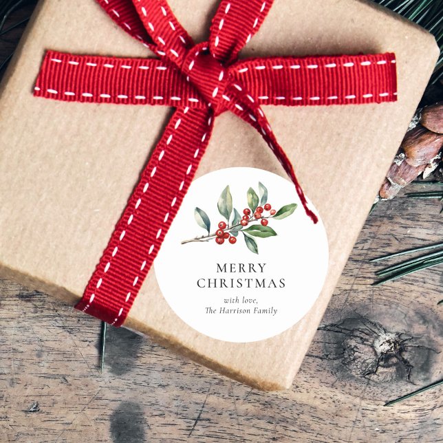 Simple Elegant Christmas Watercolor Botanical Classic Round Sticker (Creator Uploaded)