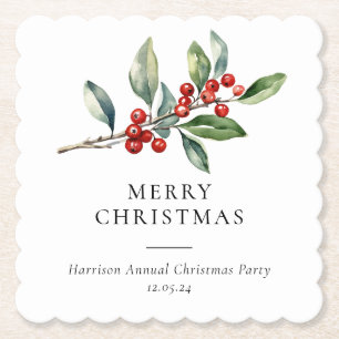 Simple Elegant Christmas Watercolor Botanical Paper Coaster