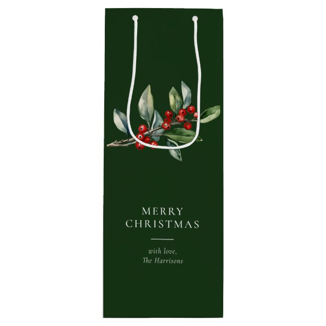 Simple Elegant Christmas Watercolor Botanical Wine Gift Bag (Front)