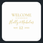 Simple Elegant Christmas | White Wedding Welcome Square Sticker<br><div class="desc">This simple elegant Christmas | white wedding welcome square sticker is perfect for your minimalist modern winter wedding. The classic gold luxury calligraphy, along with the traditional white background, all bordered with a minimal frame, is sure to complete the colourful holiday vibe you're looking for. You can personalise with your...</div>