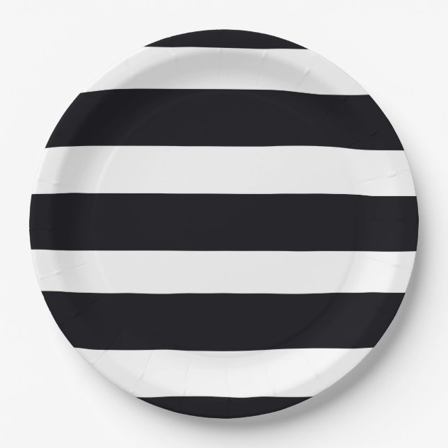 Simple Elegant Classic Black & White Stripe 9" Paper Plate (Front)