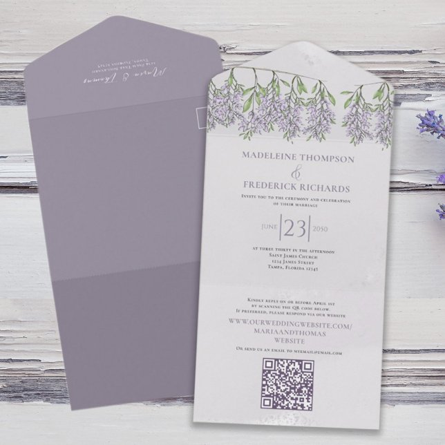 Simple Elegant Classic Boho Floral Lilac Lavender All In One Invitation (Elegant lilac and lavender solid colored all in one wedding invitation. )