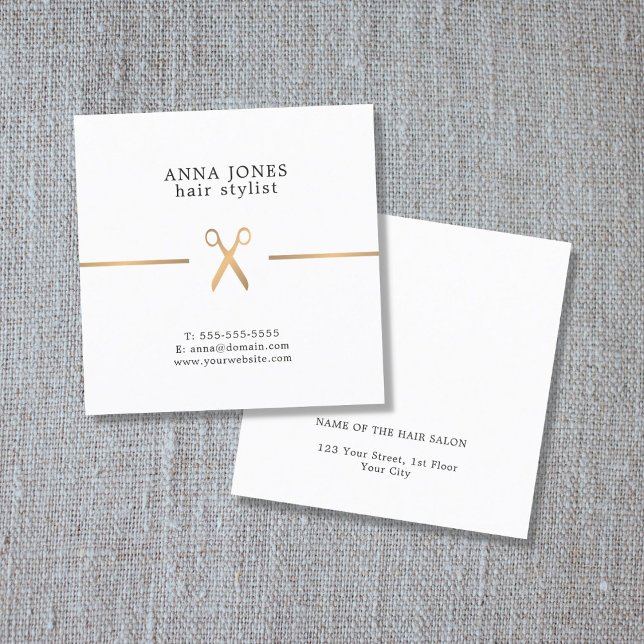 Simple Elegant Clean Gold Scissors Hairdresser Square Business Card (Creator Uploaded)