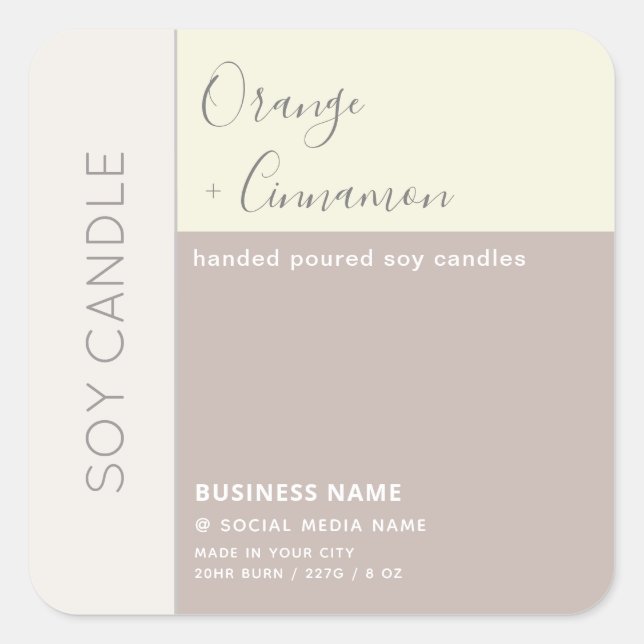 Simple elegant colour block typography soy candle  square sticker (Front)