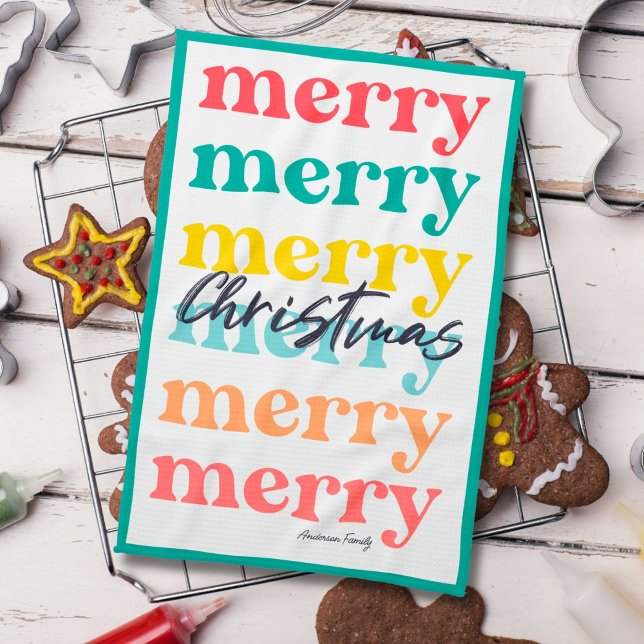 Simple Elegant Colourful Green Merry Christmas Tea Towel (Creator Uploaded)