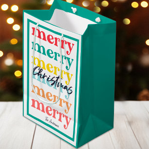 Simple Elegant Colourful Red Green Merry Christmas Medium Gift Bag