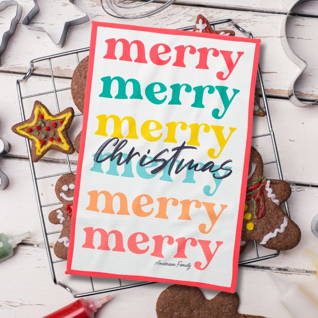 Simple Elegant Colourful Red Merry Christmas Tea Towel (Creator Uploaded)