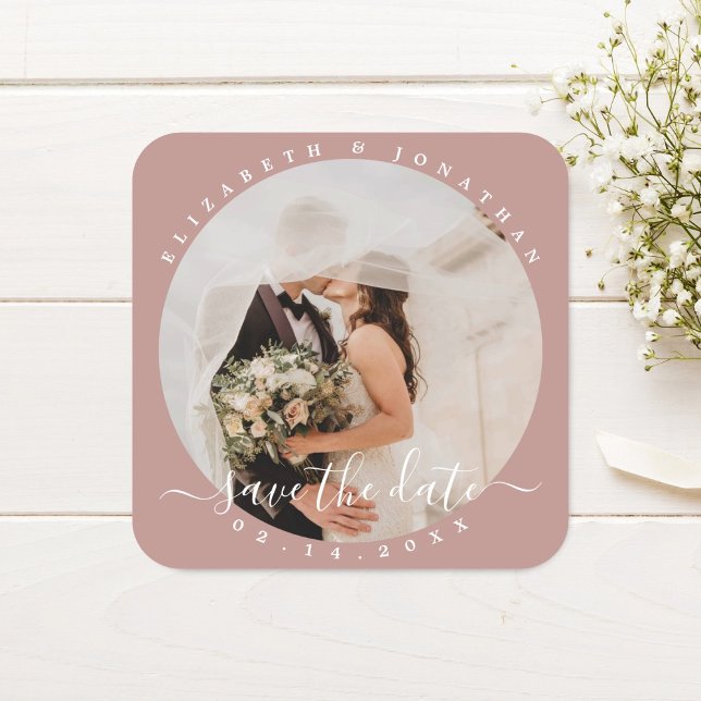 Simple Elegant Couple Photo Wedding Save The Date Square Sticker (Creator Uploaded)