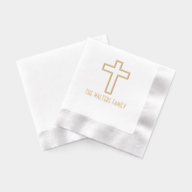 Simple Elegant Cross Family Name Foil Napkins (Back)