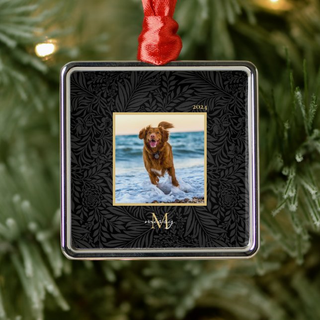 Simple Elegant Custom Pet Name Monogram Photo  Metal Ornament (Tree)
