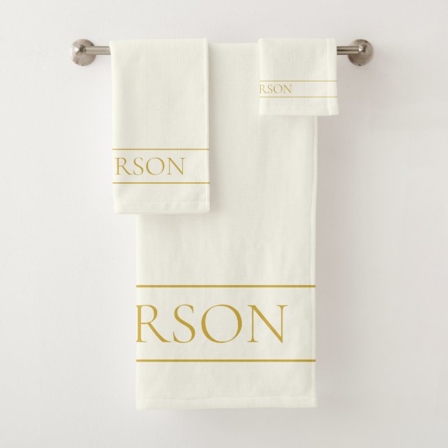 Simple Elegant Customisable Text | Gold Off White Bath Towel Set (Insitu)