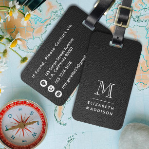 Simple Elegant Dark Black Leather White Monogram Luggage Tag