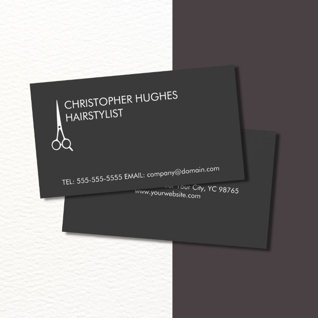 Simple Elegant Dark Grey White Scissor Hairstylist Business Card (Creator Uploaded)