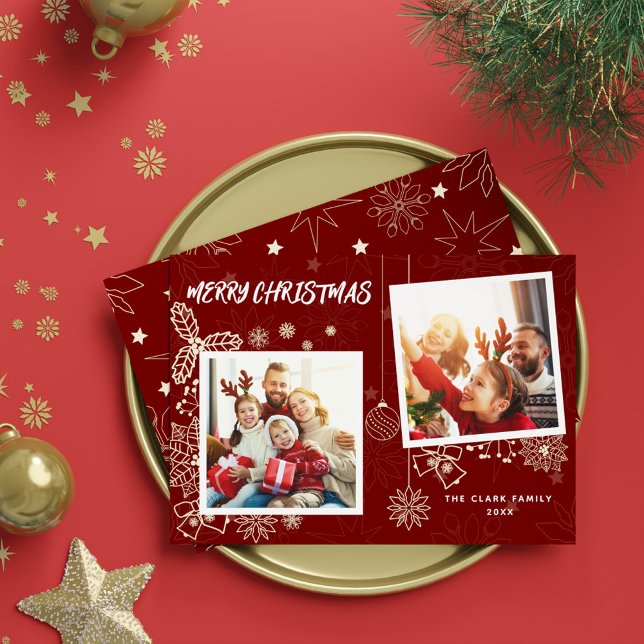 Simple Elegant Dark Red 2 Photo Frames Family Holiday Card (Simple Elegant Dark Red 2 Photo Frames Family Holiday Card)