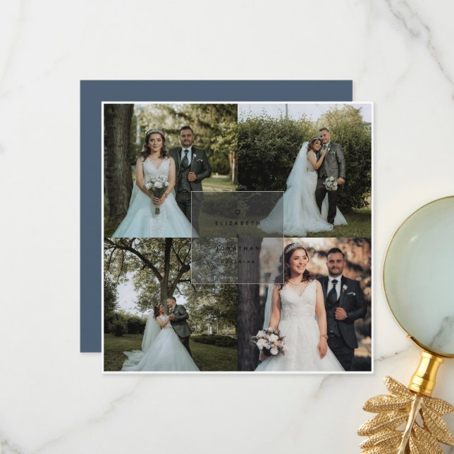 Simple Elegant Dusty Blue 4 Photo Collage Wedding Thank You Card (Front/Back In Situ)