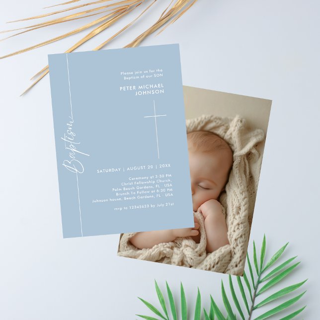 Simple Elegant Dusty Blue Baby Boy Baptism Photo Invitation (Creator Uploaded)
