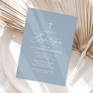 Simple Elegant Dusty Blue Cross Boy Baptism Invitation