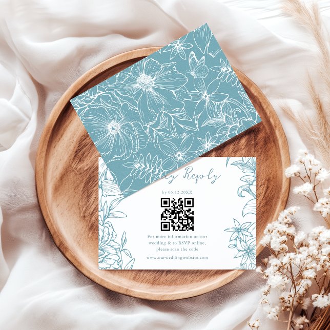 Simple Elegant Dusty Blue Floral QR Code Wedding RSVP Card (Creator Uploaded)