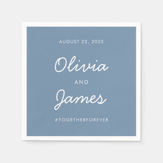 Simple Elegant Dusty Blue Script Wedding Hashtag Napkin (Front)
