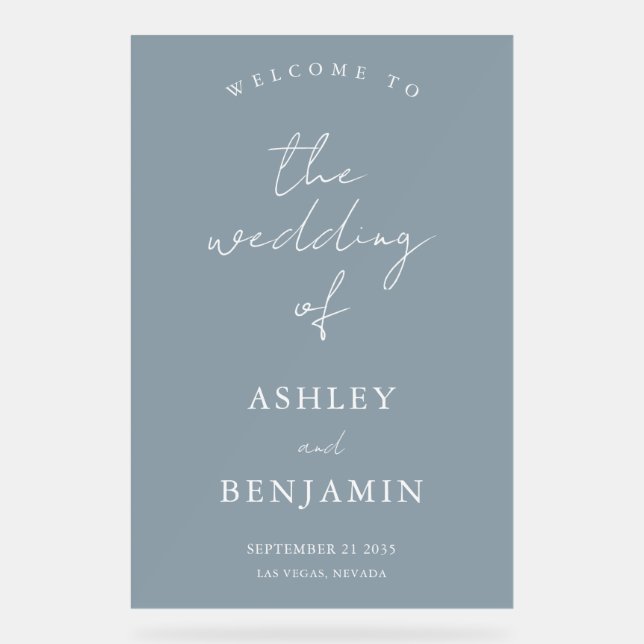 Simple Elegant Dusty Blue Wedding Welcome Acrylic Sign (Front)