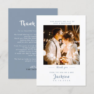 Simple elegant dusty blue with photo Wedding Thank You Card