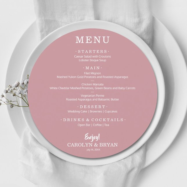 Simple Elegant Dusty Rose Round Wedding Dinner Menu (Creator Uploaded)