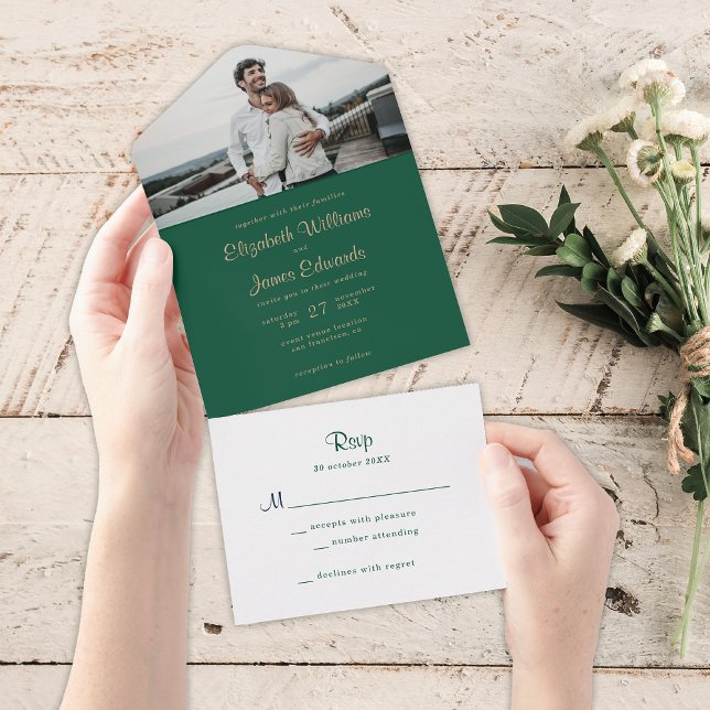 Simple Elegant Emerald Green Gold Photo Wedding All In One Invitation (Creator Uploaded)