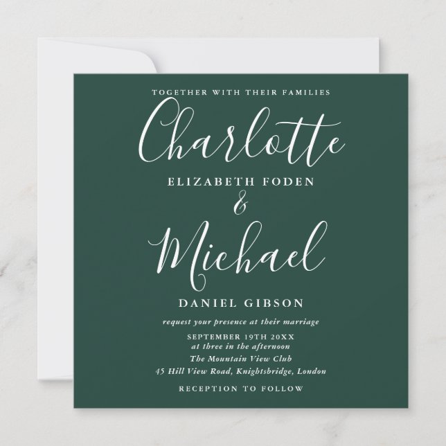 Simple Elegant Emerald Green Script Wedding Invitation (Front)